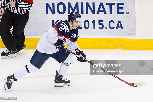 Forward Martin Reway of Slovakia moves the puck against Canada during the 2015 IIHF World Junior Championship on January 04, 2015 at the Air Canada...