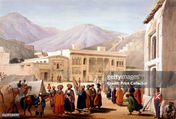 Shah Shoja, puppet of the British, holding a durbar at Kabul, First Anglo-Afghan War, 1838-1842. A former ally of the British from the Napoleonic...