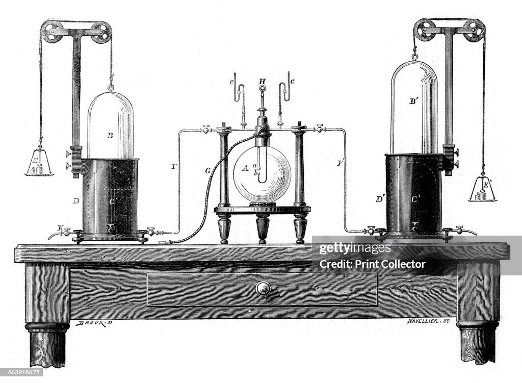Antoine Lavoisier's apparatus for synthesizing water from hydrogen (left) and oxygen (right), 1881.