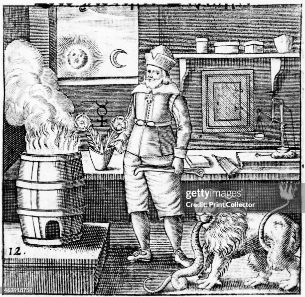 Twelfth Key of Basil Valentine illustrating that the Philosophers' Stone must be combined with gold to produce new gold, just as a lion eats a...