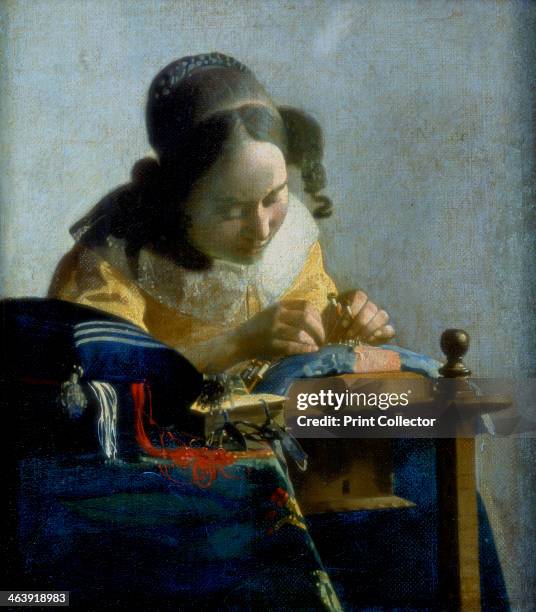 'The Lace Maker', c1664. The woman is making pillow lace which uses a strip of parchment on which the pattern has been pricked out. This is pinned to...