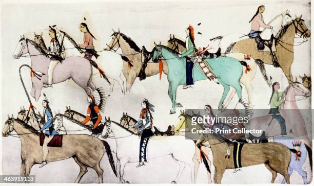 'End of the Battle', a ledger art pictogram depicting Sioux warriors leading away captured horses after defeating Custer's troops at 'Custer's Last...