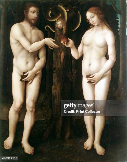 'Adam and Eve' , c1520. Eve offers Adam the apple of the Tree of Knowledge while the serpent, coiled round a tree, looks on. Adam and Eve are naked...