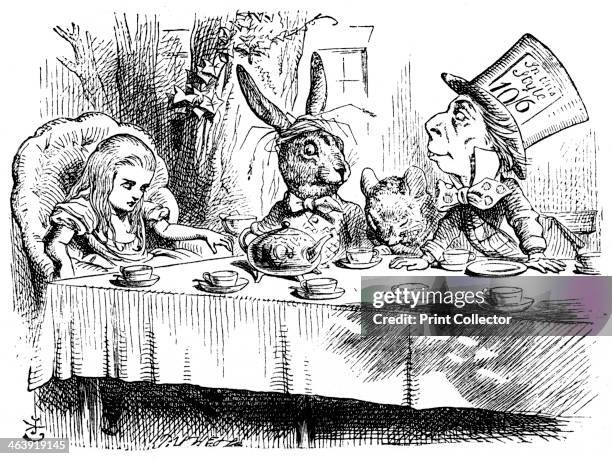 Scene from Alice's Adventures in Wonderland by Lewis Carroll, 1865. The Mad Hatter's Teaparty. Alice is at the head of the table, and the March Hare...