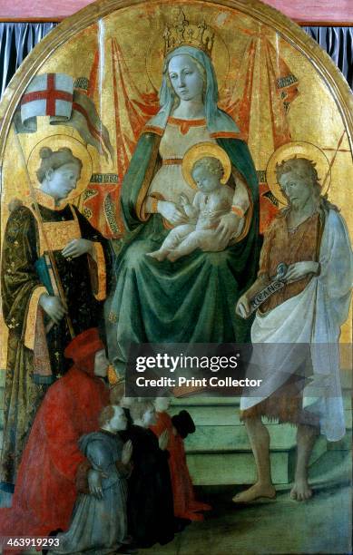 'Madonna del Ceppo' , 1453. The Madonna enthroned, holding Jesus, is flanked by St John the Baptist and another saint. Kneeling is the Prato...