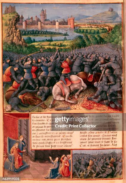 Scenes from the First Crusade, 1096-1099 . In the foreground of the main image, mounted knights unhorsed and killed in a melee of hand-to-hand...