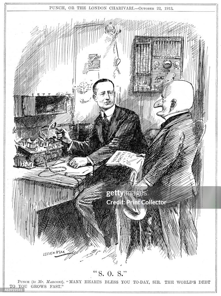 Mr Punch thanking Marconi for wireless telegraphy which was saving lives at sea, 1913. Artist: Leonard Raven-Hill