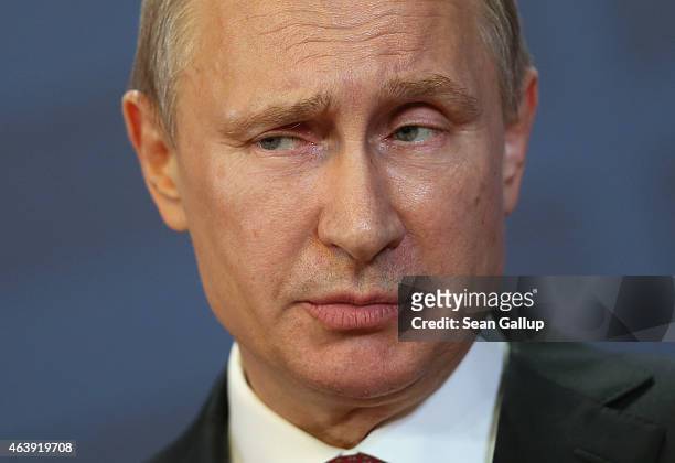 Russian President Vladimir Putin speaks to the media with Hungarian Prime Minister Viktor Orban at Parliament on February 17, 2015 in Budapest,...