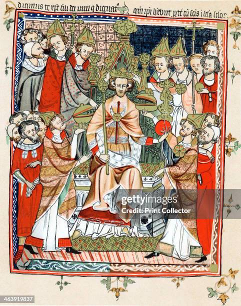 Coronation and unction of a king, 13th century. The king depicted is probably Henry III of England , who was crowned at Gloucester in 1216 and at...