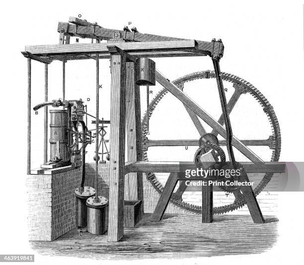 James Watt's prototype steam engine 'Old Bess', c1778. Scottish engineer and inventor Watt formed a successful partnership with the entrepreneur...