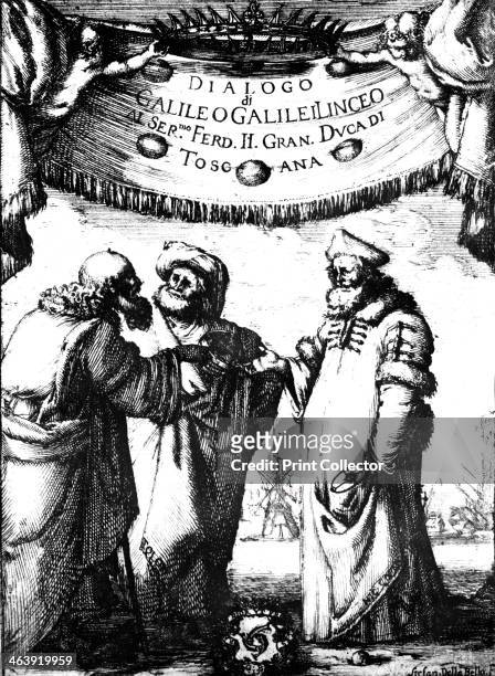 Frontispiece of Galileo's Dialogo dei Massimi Sistemi, 1632. The three figures, from left to right, are Aristotle, Ptolemy and Copernicus. One of the...
