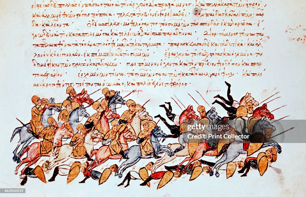 Byzantine cavalrymen overwhelming enemy cavalry and foot soldiers.