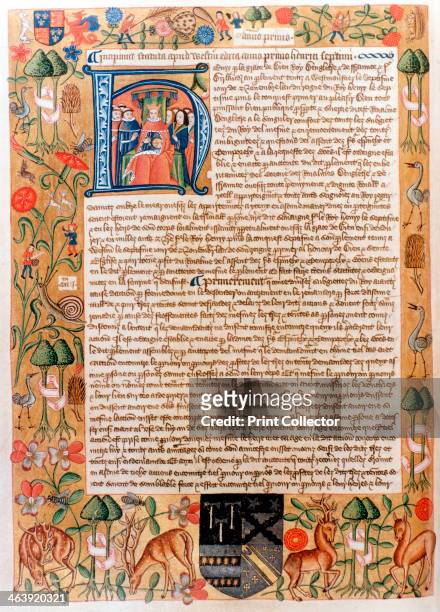 Henry VII's first act of parliament with an initial portrait of the king, late 1480s. With a border illuminated with depictions of flora and fauna....