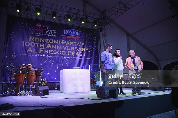 Chef Gabriele Corcos, actress Debi Mazar, and founder and director of SOBEWFF Lee Brian Schrager speak onstage at Ronzoni Pasta's 100th Anniversary:...