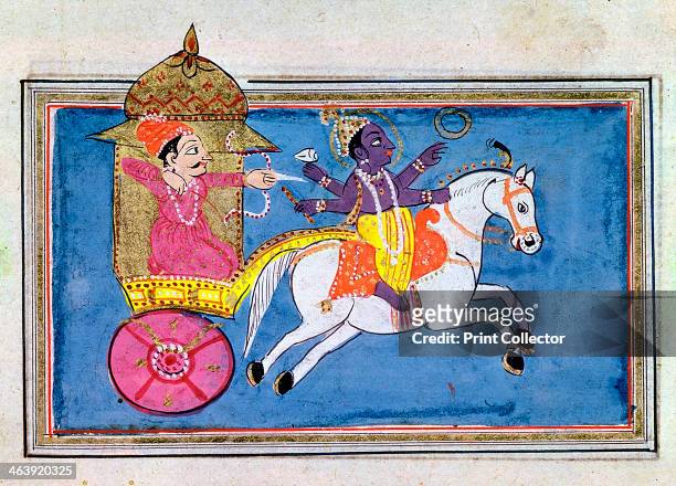 Krishna, Hindu deity, an avatar of Vishnu, 17th century. Illustration for the epic poem Mahabharata showing the hero Arjuna in a carriage behind...
