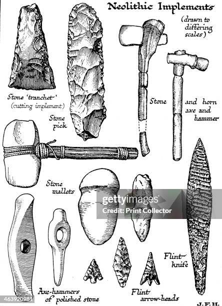 Neolithic implements of stone, flint and horn, c1890. A range of tools and weapons including axes, hammers, knives and arrowheads.