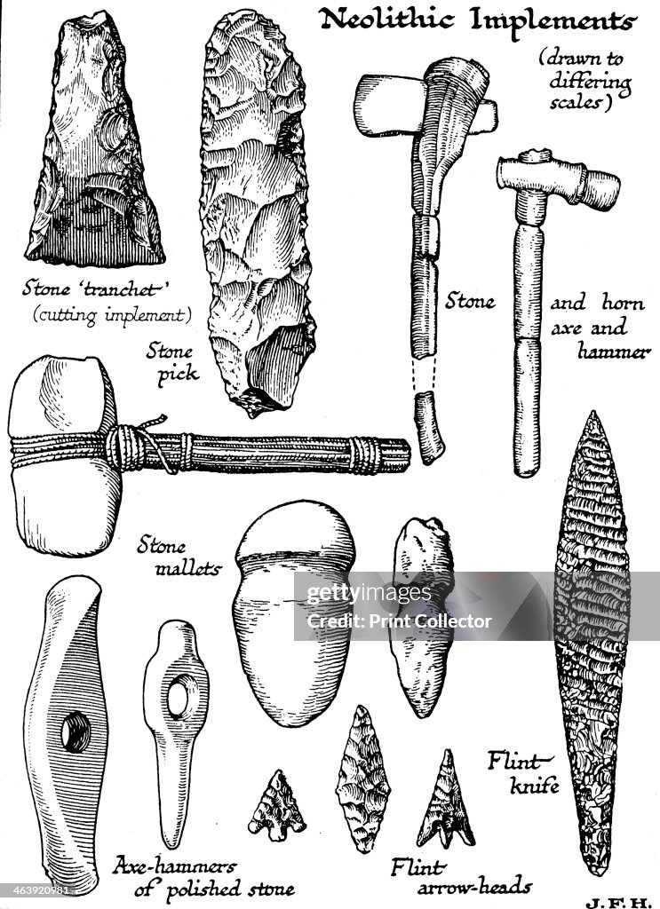 Neolithic implements of stone, flint and horn, c1890.
