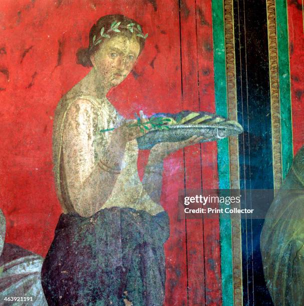 Fresco Detail, Initiate Making an Offering, 1st Century BC. The Catechism with a Young Girl Reading and the Initiate Making an Offering, Villa of the...