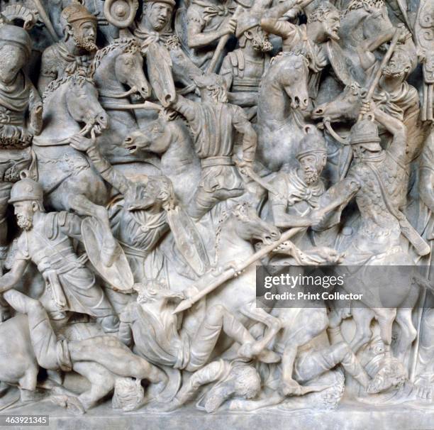 Romans in battle against the Barbarians, 2nd century. Detail from the sarcophagus of a general of Roman emperor Marcus Aurelius .From the National...