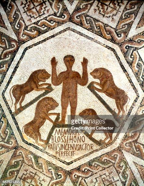 Daniel in the lions' den, Roman mosaic, 5th century. According to the Bible , Daniel, one of the four great Hebrew prophets, was cast into the lions'...