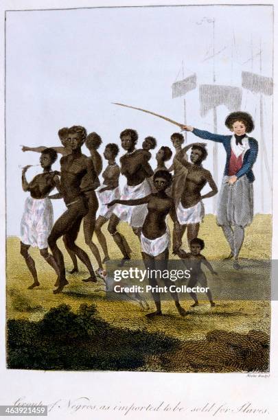 'Group of Negros, as imported to be sold for Slaves', Surinam, 1793. A group of newly arrived black slaves being herded by a slave master with a...