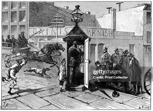 Chicago police telephone box, 1886. A Chicago policeman telephoning from a police call box to bring help to an injured pedestrian. From Les...