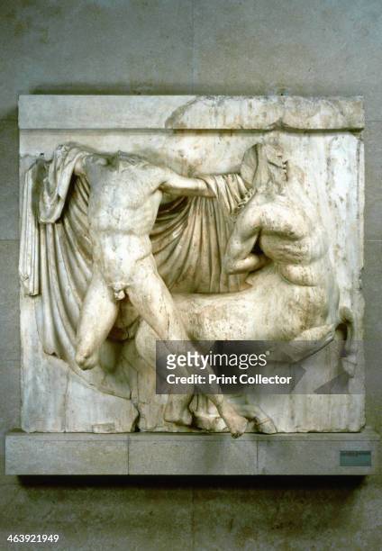 Fight between a human Lapith and a Centaur, metope from the Parthenon, c440 BC. The sculpted decoration of the Parthenon included ninety-two metopes,...