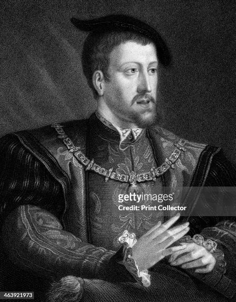 Charles V Holy Roman Emperor from 1519, 1835. Charles depicted wearing the chain of the Order of the Golden Fleece. He was the founder of the...