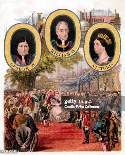 Queen Victoria opening the Great Exhibition, Crystal Palace, London, 1 May 1851. At the top are portraits of Victoria and of the two uncles who...