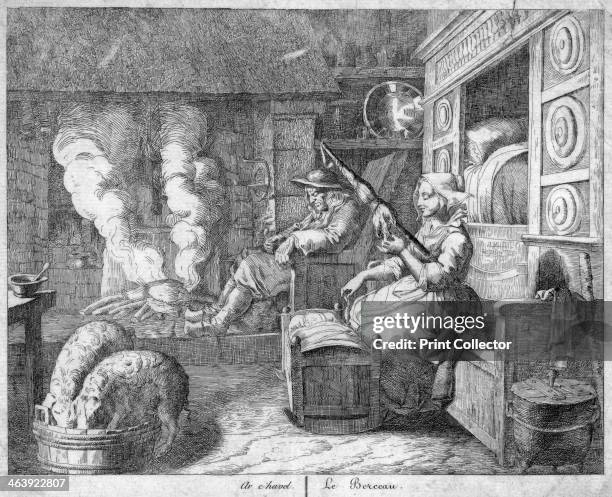 Peasant cottage interior, possibly Netherlands or northern France, 17th century. The husband, wearing wooden clogs, snoozes in the chimney corner by...