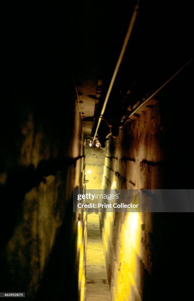 Steep internal stairway inside the Great Pyramid, Gizeh, Egypt.