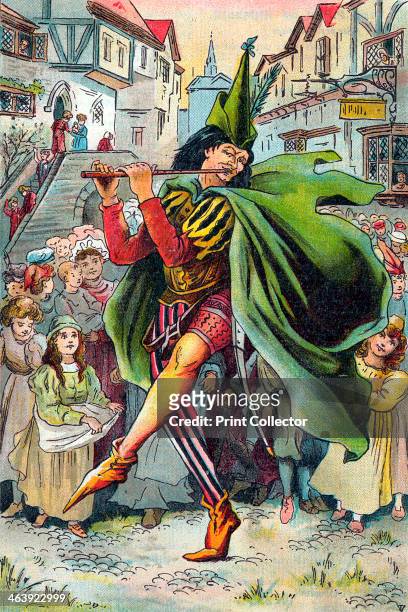 The Pied Piper leading away the children of Hamelin, c1899. Illustration from a children's book. The story of the Pied Piper is best known in the...