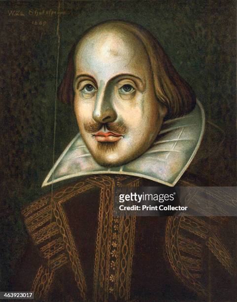William Shakespeare, English playwright, 1609. Portrait in oils dated 1609. This is the portrait engraved by Droeshout for the First Folio edition of...