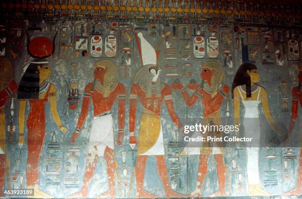 Pharaoh Horemheb with the goddess Isis and the god Horus, Ancient Egyptian, 14th century BC. Horemheb was the last king of the 18th dynasty. A former...