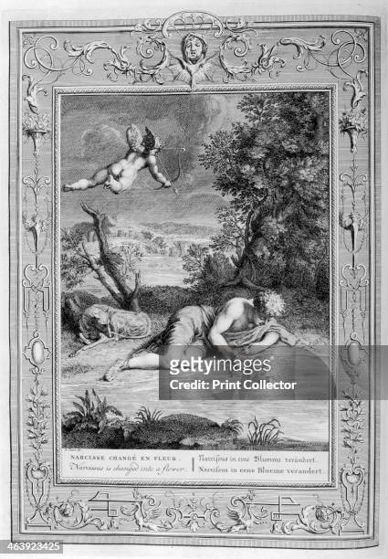 Narcissus in love with his own reflection, 1733. A plate from Le temple des Muses, Amsterdam, 1733. Found in the collection of Jean Claude Carriere.