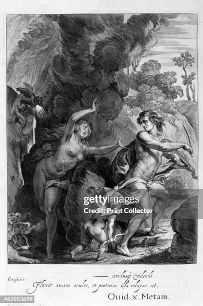 Orpheus, leading Eurydice out of Hell, looks back upon her and loses her forever, 1655. A plate from Michel de Marolles's Tableaux du Temple des...