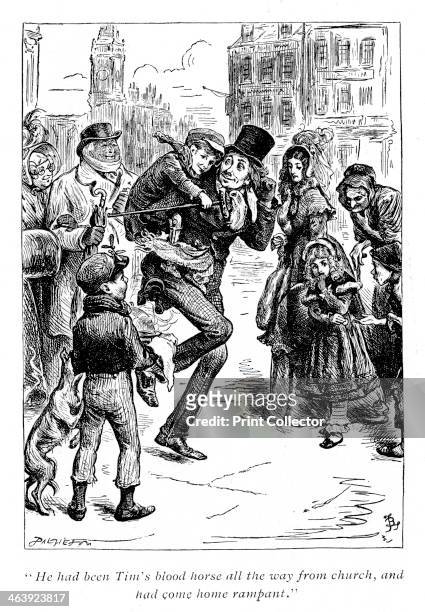 Scene from A Christmas Carol by Charles Dickens, 1843. Bob Cratchett carrying Tiny Tim: He had been Tim's blood horse all the way from church, and...