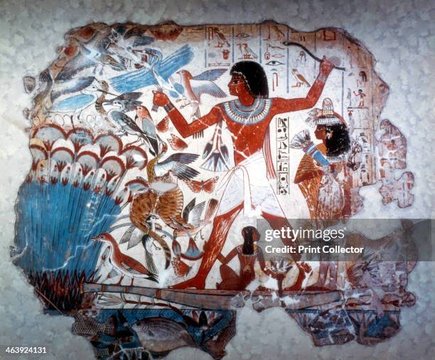 Ancient Egyptian hunting wildfowl with a throwing stick, c1350 BC. Wall painting from the tomb of Nebamum or Nebmum, 18th Dynasty. It shows a man...