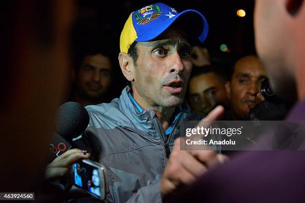 Miranda state governor and opposition leader Henrique Capriles Radonski and supporters of Caracas Mayor Antonio Ledezma gather in front of the...