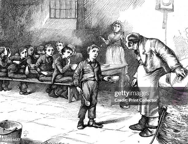 Scene from Oliver Twist by Charles Dickens, 1871. Oliver Twist causes a sensation in the children's ward of the workhouse by asking for a second...