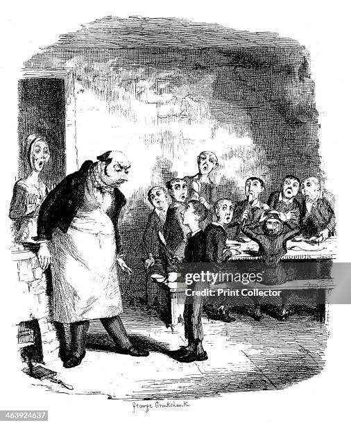 Scene from Oliver Twist by Charles Dickens, 1836. Oliver Twist causes a sensation in the children's ward of the workhouse by asking for a second...