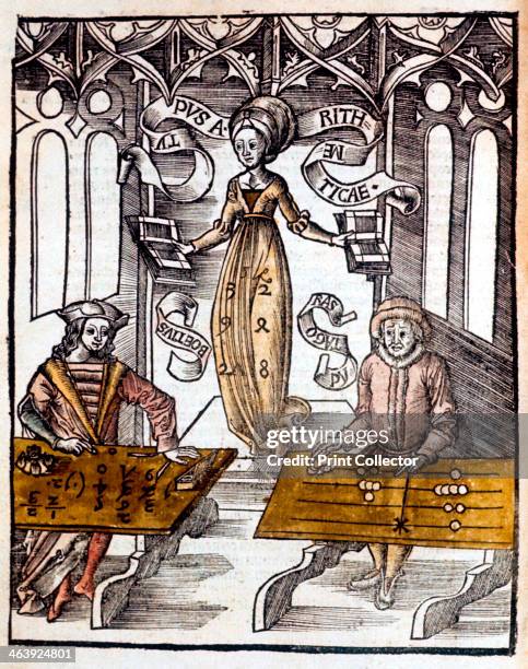 Pythagoras, Greek mathematician, 1508. Pythagoras using a counting table, competes against Boethius using algorithms for speed at calculation. Behind...