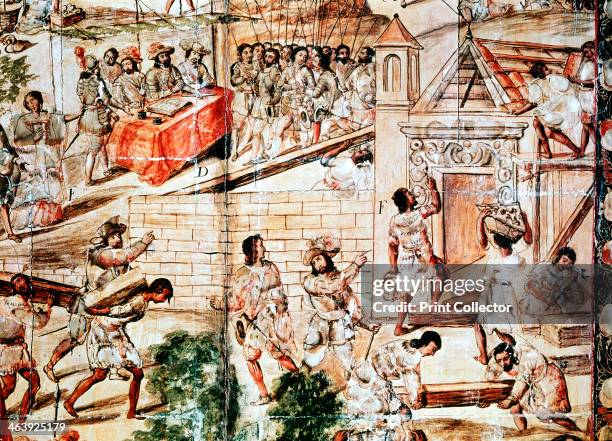 The building of Mexico City, 16th century. Native slaves building Mexico City on the ruins of the Aztec capital of Tenochtitlan under the direction...