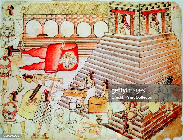 Aztec warriors defending the temple of Tenochtitlan against conquistadors, 1519-1521. Hernando Cortes Spanish conquistador, led an expedition to...