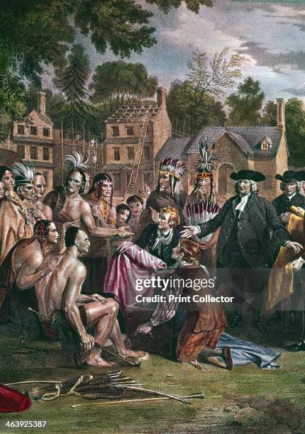 William Penn, English Quaker colonist, treating with Native North Americans on the site of the city of Philadelphia, 1682 . Penn founded...