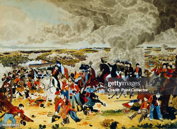 Battle of Waterloo, 18 June 1815 . The Duke of Wellington , British Commander, with his staff, doffing his hat to another officer as the battle rages...