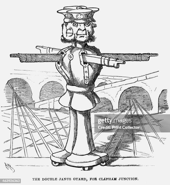 'The Double Janus Guard, for Clapham Junction', 1865. A 'Double Janus', with four faces, stands guard at the new Clapham Junction, a complex...