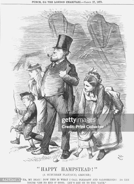 Happy Hampstead!, 1875. A suburban family is shown enjoying a day out in the park. Behind them lurk the shrouded and menacing figures of Smallpox and...