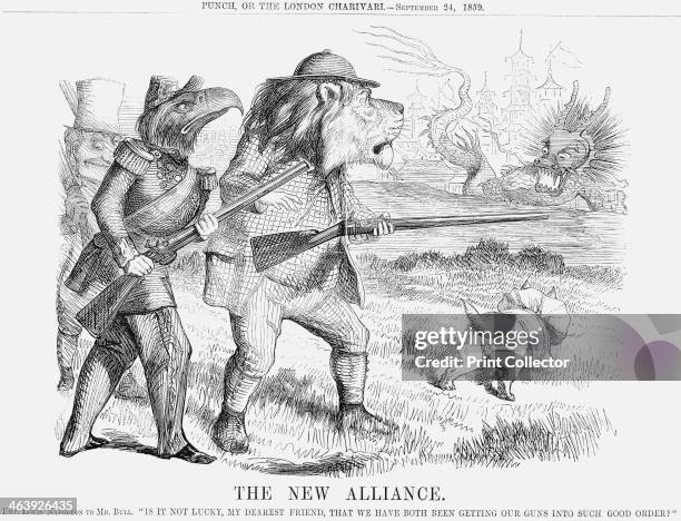 'The New Alliance', 1859. John Bull, in the shape of the British lion, dressed in hunting gear, in the company of the French Emperor, Louis Napoleon...