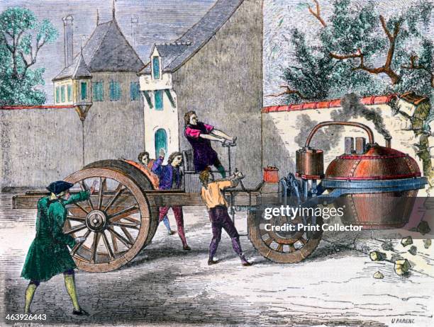 Cugnot's Steam Wagon, 19th century. Trial of Nicolas Joseph Cugnot's three-wheeled steam carriage at the Arsenal of Paris, 1770. Nicolas-Joseph...